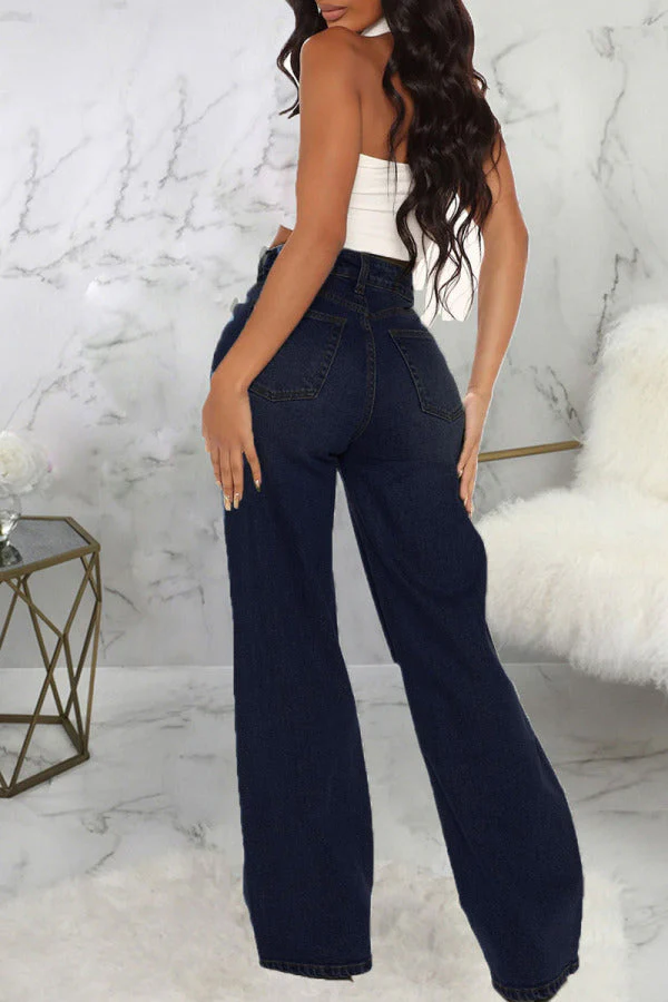 hulianfu - Dark Blue Casual Solid Ripped Patchwork High Waist Denim Jeans - Deanwangkt