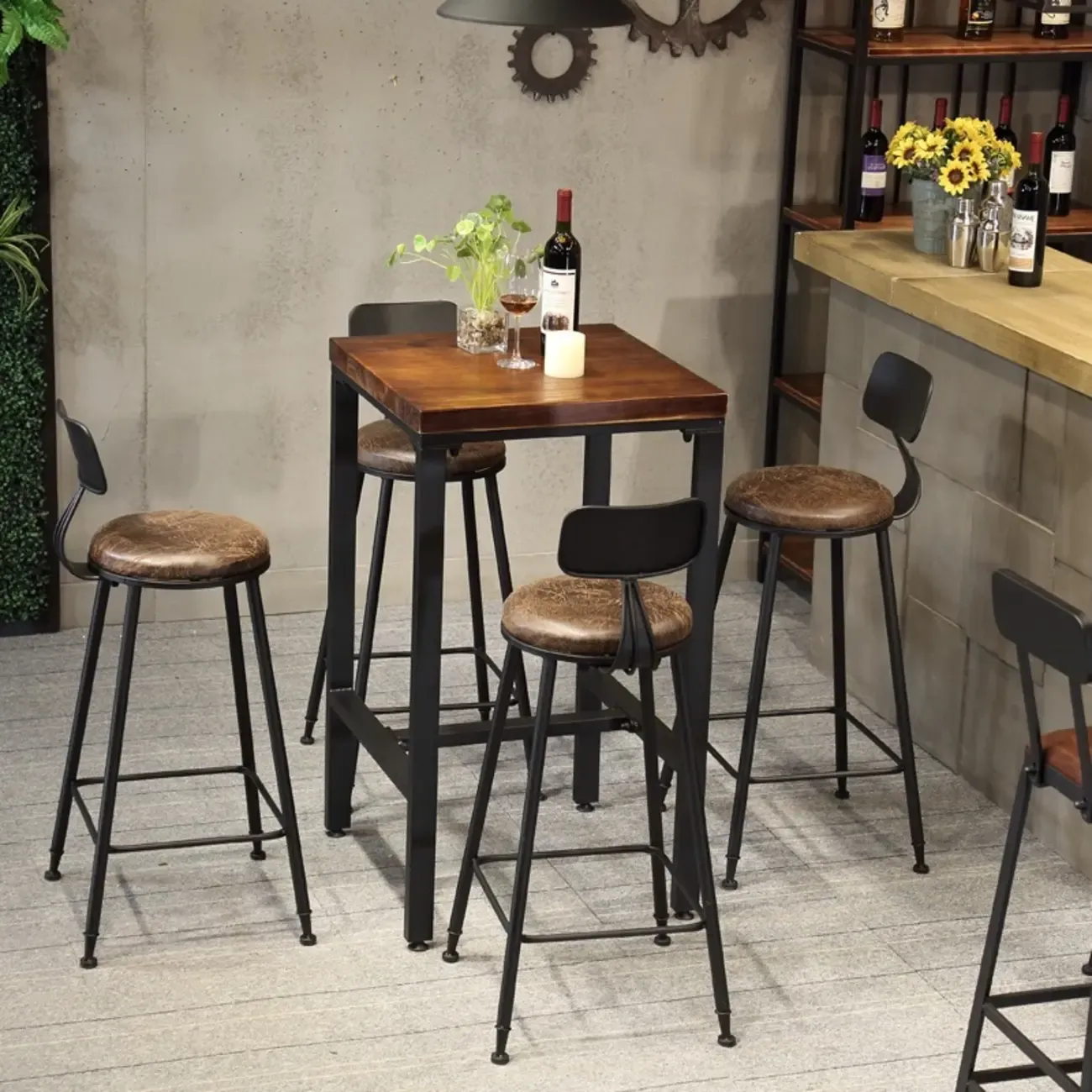 Industrial Brown Wooden Square Trestle Bar Tables