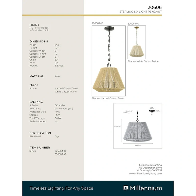 Millennium Lighting Sterling 3 Light Pendant Fixture