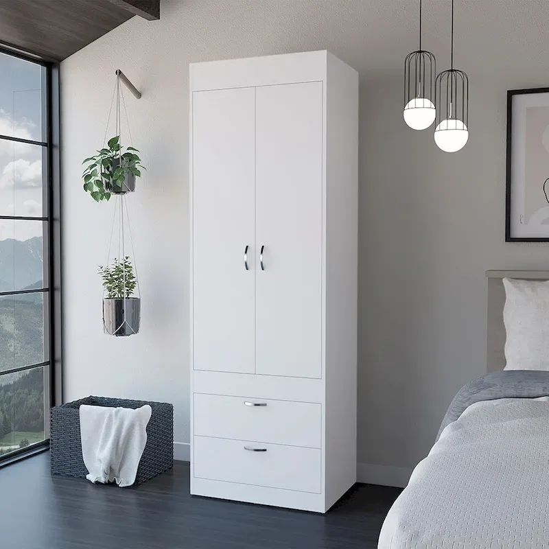 18.9   Modern Double-door Armoire with Two Bottom Drawers and Hanging Rod for Bedroom