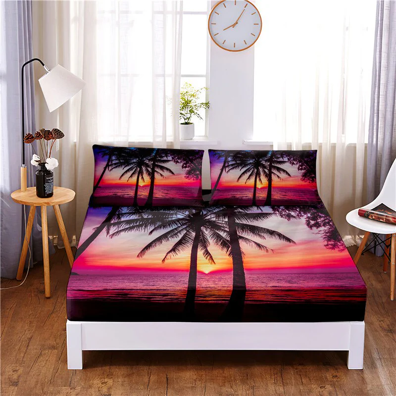 HULIANFU Sunset Beach Digital Printed 3pc Polyester  Fitted Sheet Mattress Cover Four Corners with Elastic Band Bed Sheet Pillowcases - Deanwangkt