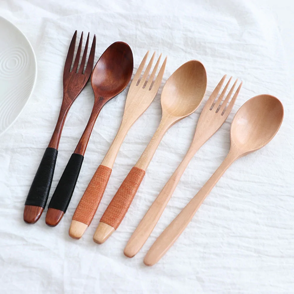 HULIANFU Natural Wooden Spoon & Fork Dinner Kit Rice Soups Utensil Cereal Handmade  Home Tableware Dinnerware Cutlery For Kicthen - Deanwangkt