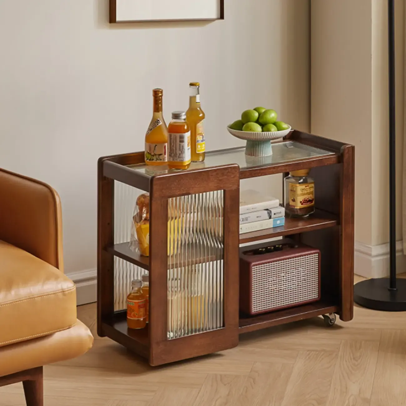 Vintage Wooden Rectangular Swivel Side Table with Glass Top