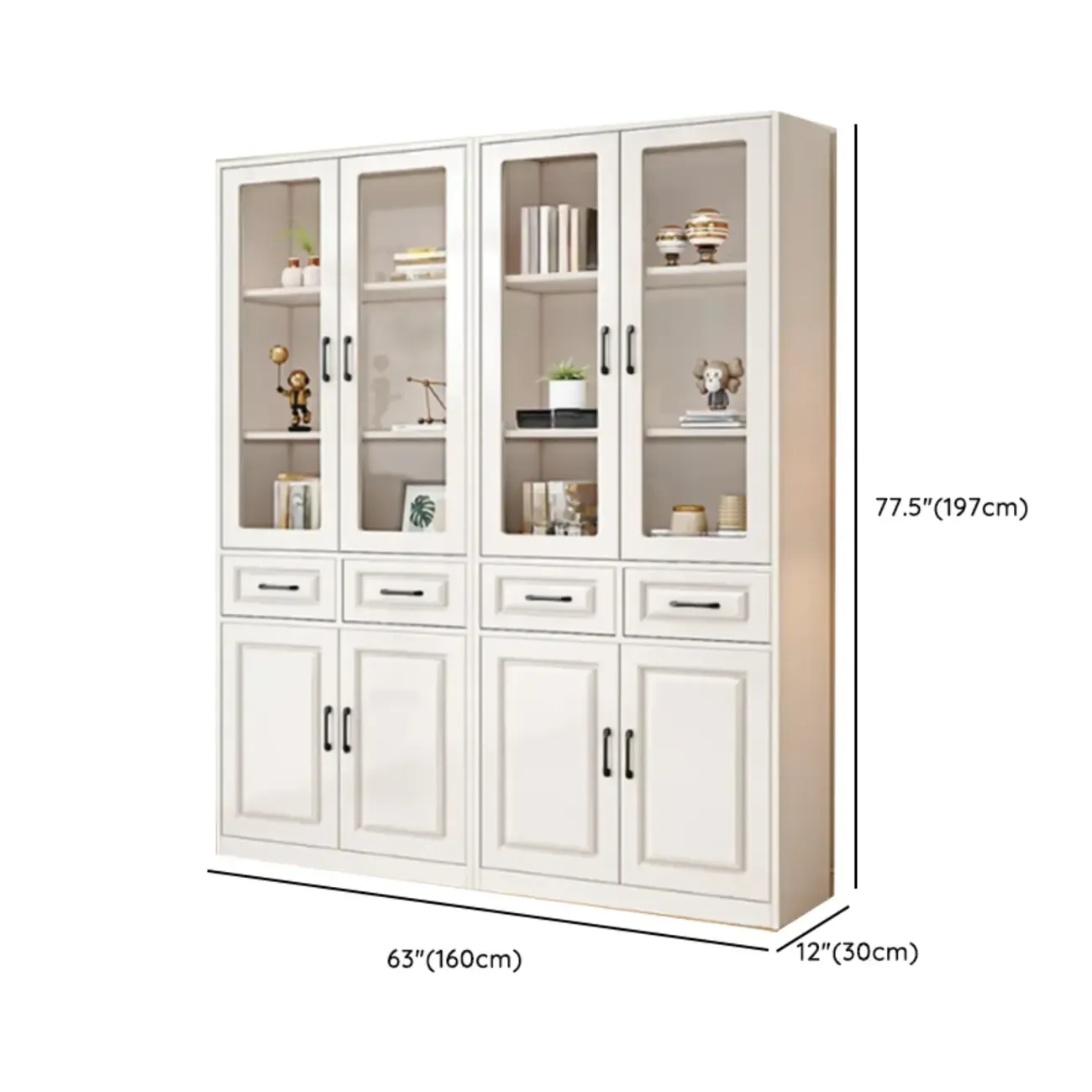 Rectangular White Wood Vertical Display Bookcase with Drawers