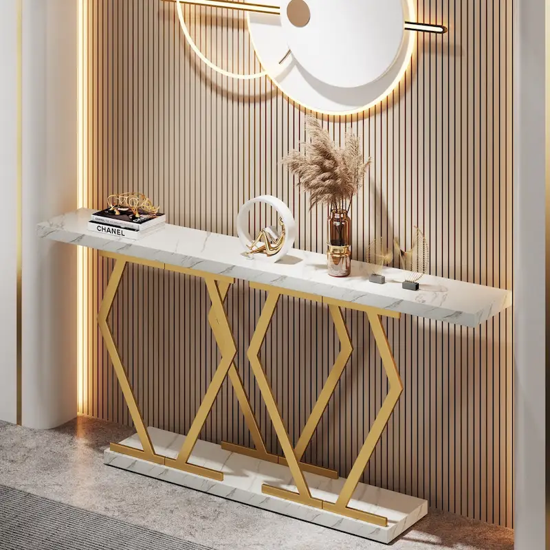 70.9 Inch Extra Long Modern Sofa Console Table with Faux Marble Tabletop Base Gold Frame for Living Room Entryway Hallway
