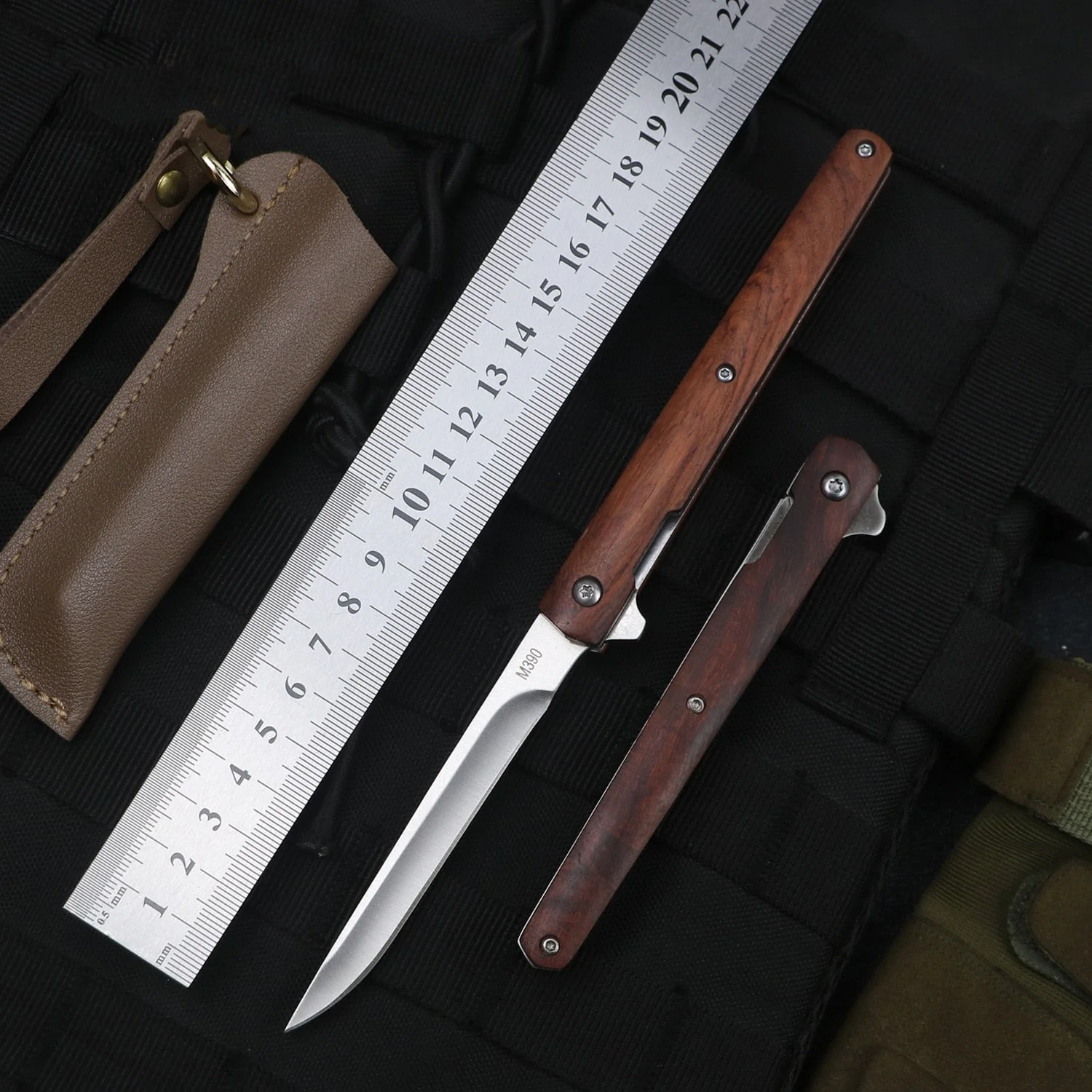 HULIANFU M390 Steel Folding Knife with Holster Wooden Handle Damascus Pattern High Hardness Outdoor Hunting Knife  Camping Survival Tools - Deanwangkt