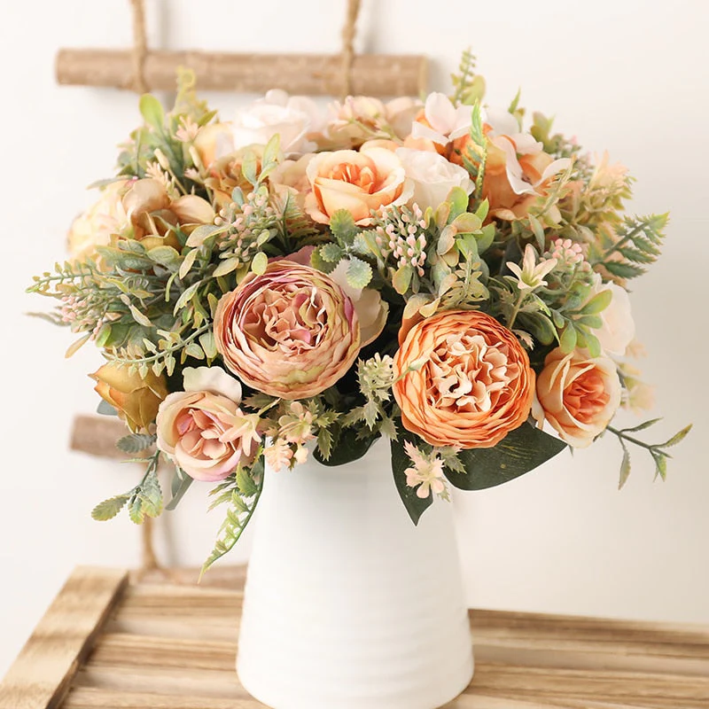 HULIANFU White Silk Artificial Roses Flowers Wedding Home Autumn Decoration High Quality Big Bouquet Luxury Fake Flower Arrangement Bulk - Deanwangkt