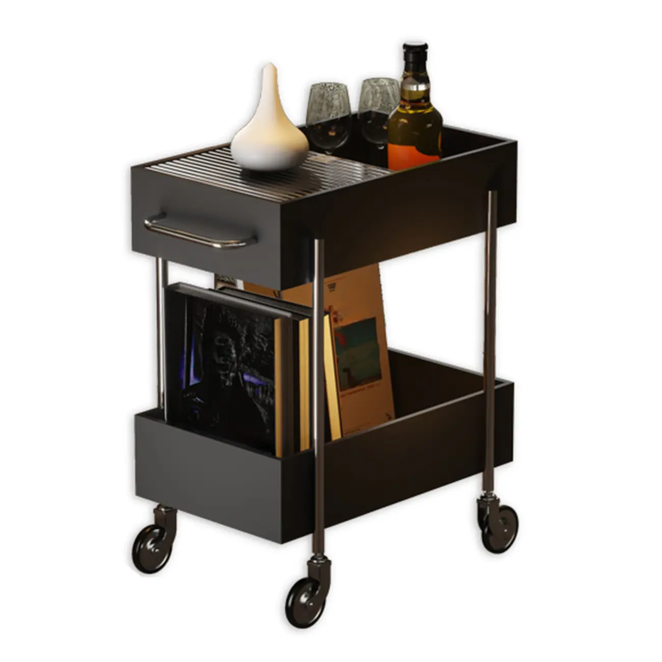 Trendy Black 2-Tier Small Side Table with Casters