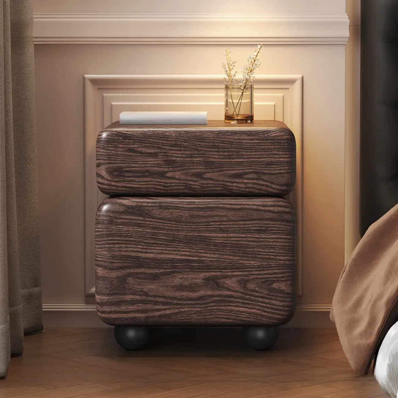 Black Walnut Finish Faux Leather 2-Drawer Nightstand