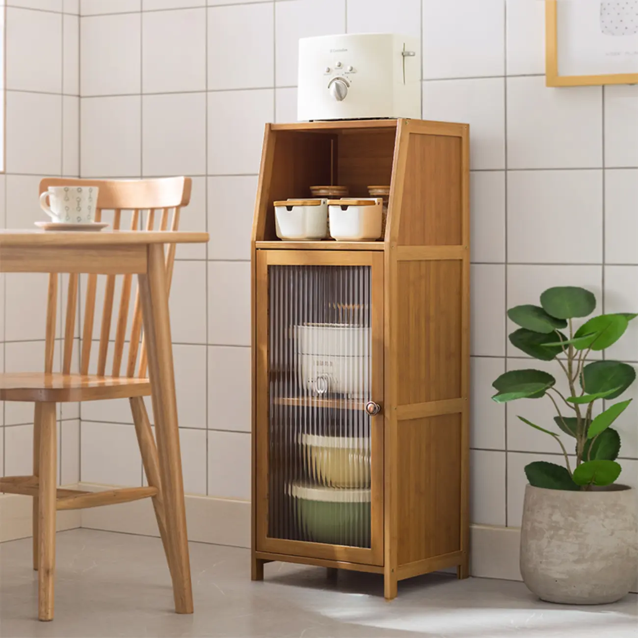 Minimalist Brown Bamboo Glass Door Buffet Cabinet