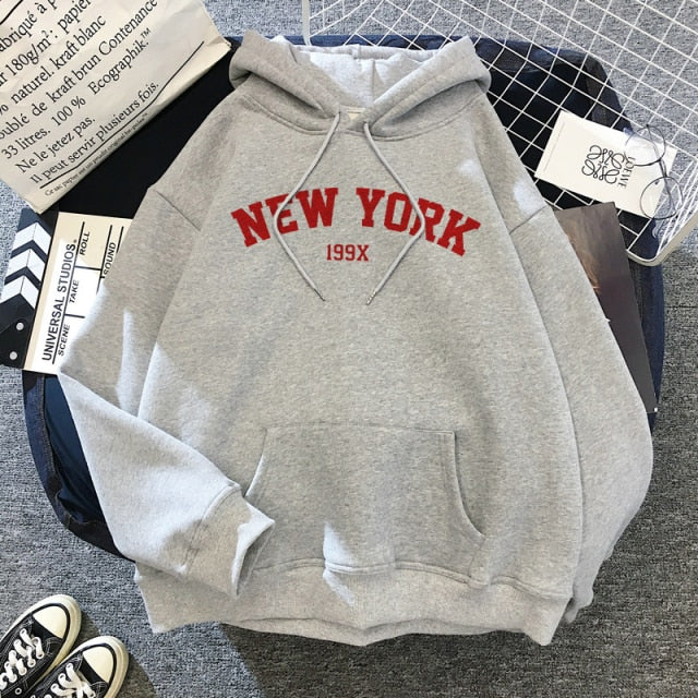 Female Thicken Warm Hoodies Lady Autumn Tops NEW Sweatshirts Velvet Winter Women's NEW YORK Printing Hooded Hoodies - Deanwangkt