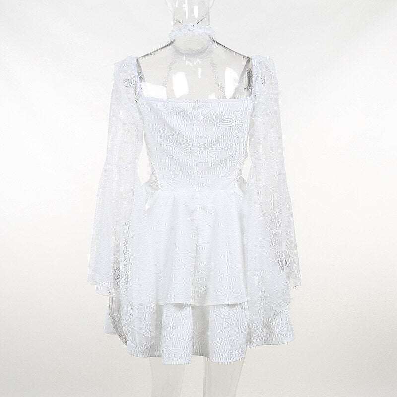 Halter Halloween Cosplay Costumes Gothic Lolita Party Dress White Black Flare Sleeve Fairy Princess Ruffle Cake Kawaii Dresses - Deanwangkt