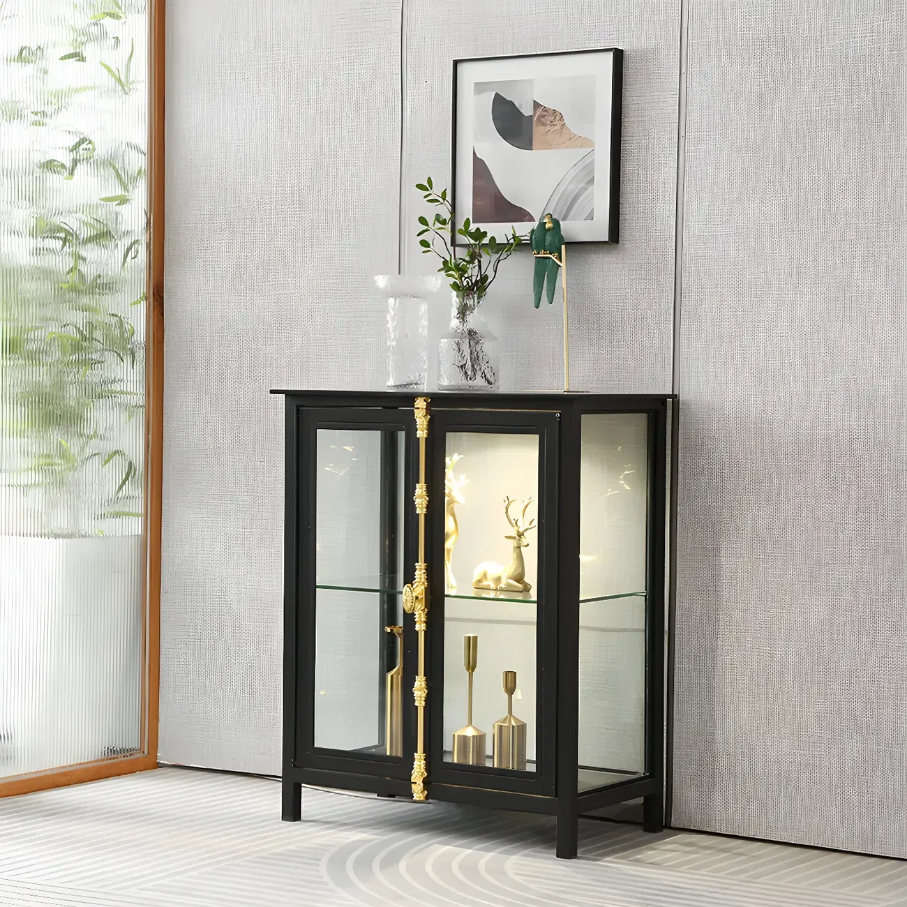 Black Metal Glass Shelves Display Cabinet with Lights