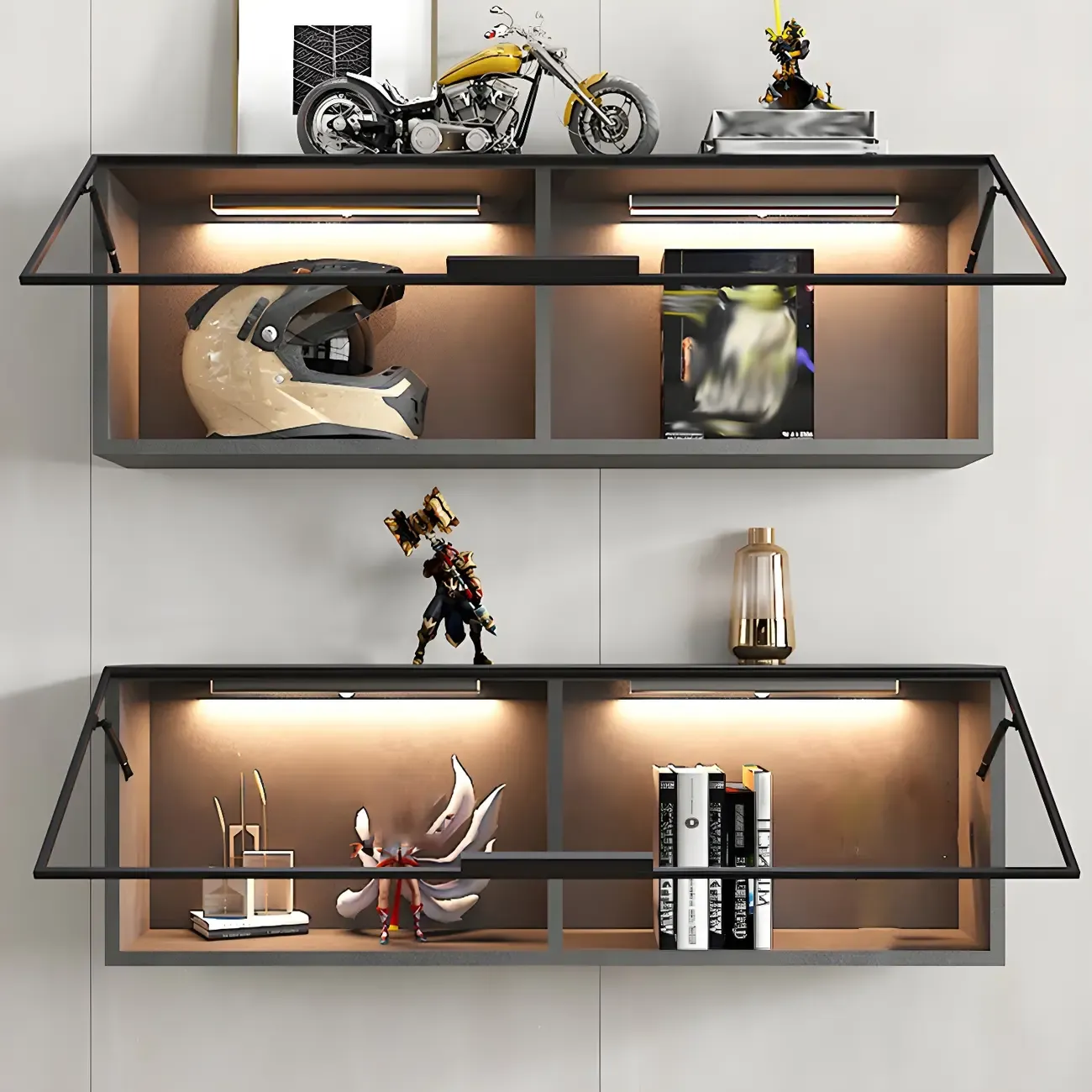Black Wall Mount Wood 2-Cube Display Cabinet with Light