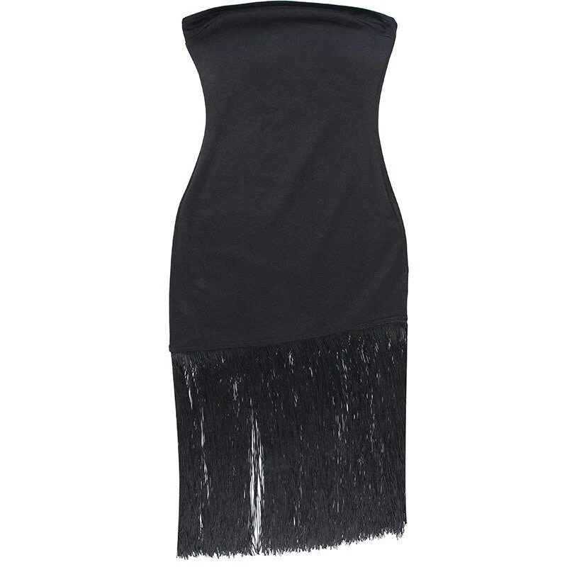 hulianfu Summer Fashion Black Tassel Sexy Tube Top Dress Outfits Women Elegant Evening Party Club Slit Bodycon Mini Dresses  Clothes - Deanwangkt