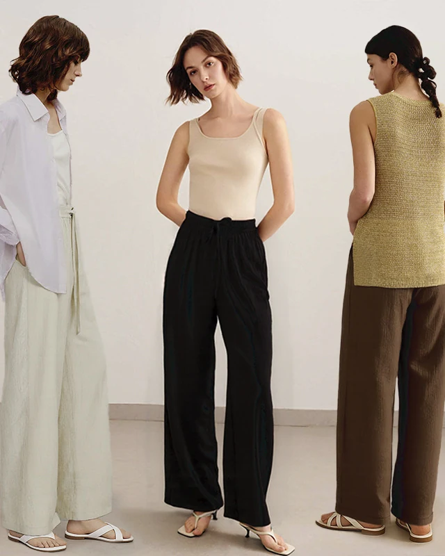 Spring/Summer lightweight breathable silky draped straight-leg casual pants for women, high-waist slimming relaxed wide-leg trousers