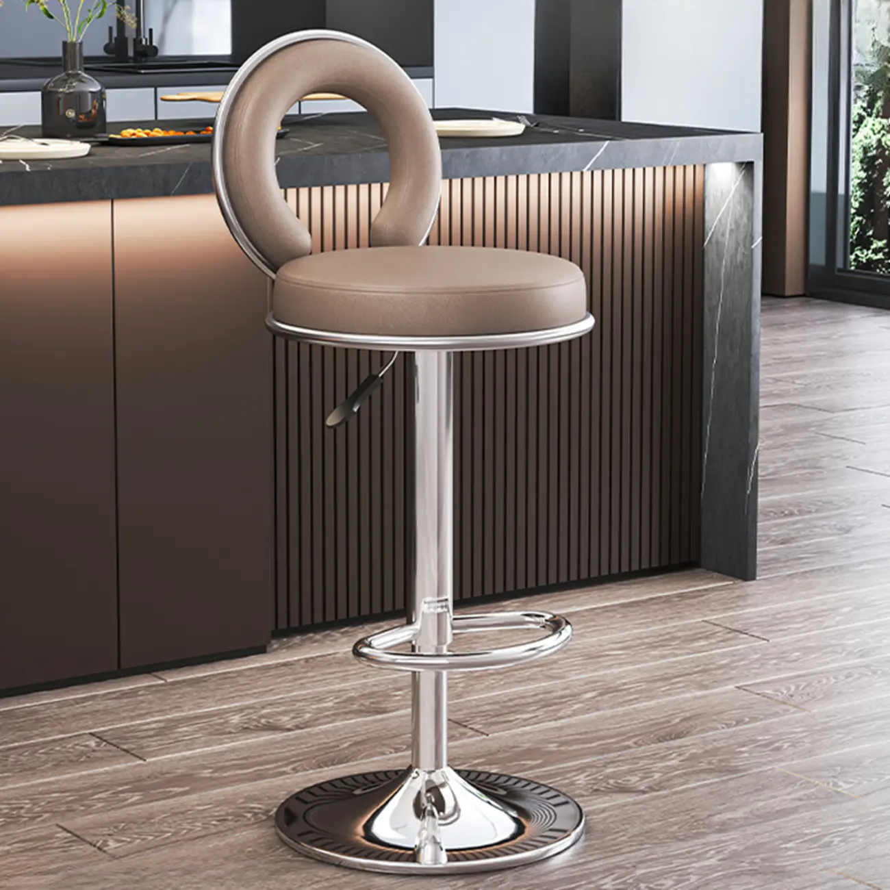 Glam Round Adjustable Leather Swivel Bar Stool with Back