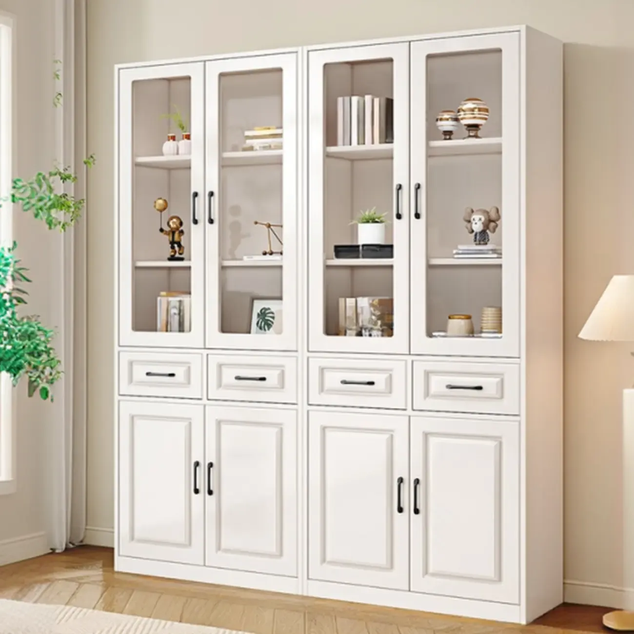 Rectangular White Wood Vertical Display Bookcase with Drawers