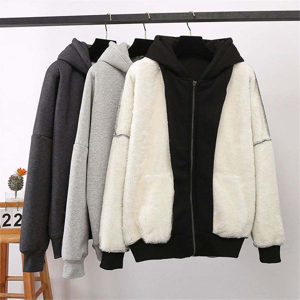 hulianfu Jacket women solid color hoodies autumn winter imitation lamb wool korean loose plus velvet thick zipper sweatshirt tops - Deanwangkt