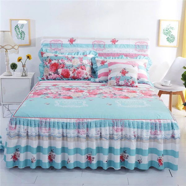 HULIANFU  3pcs set Elegant floral bed skirt skin-friendly cotton lace bedding home decor bedspreads queen pink king size bed cover - Deanwangkt