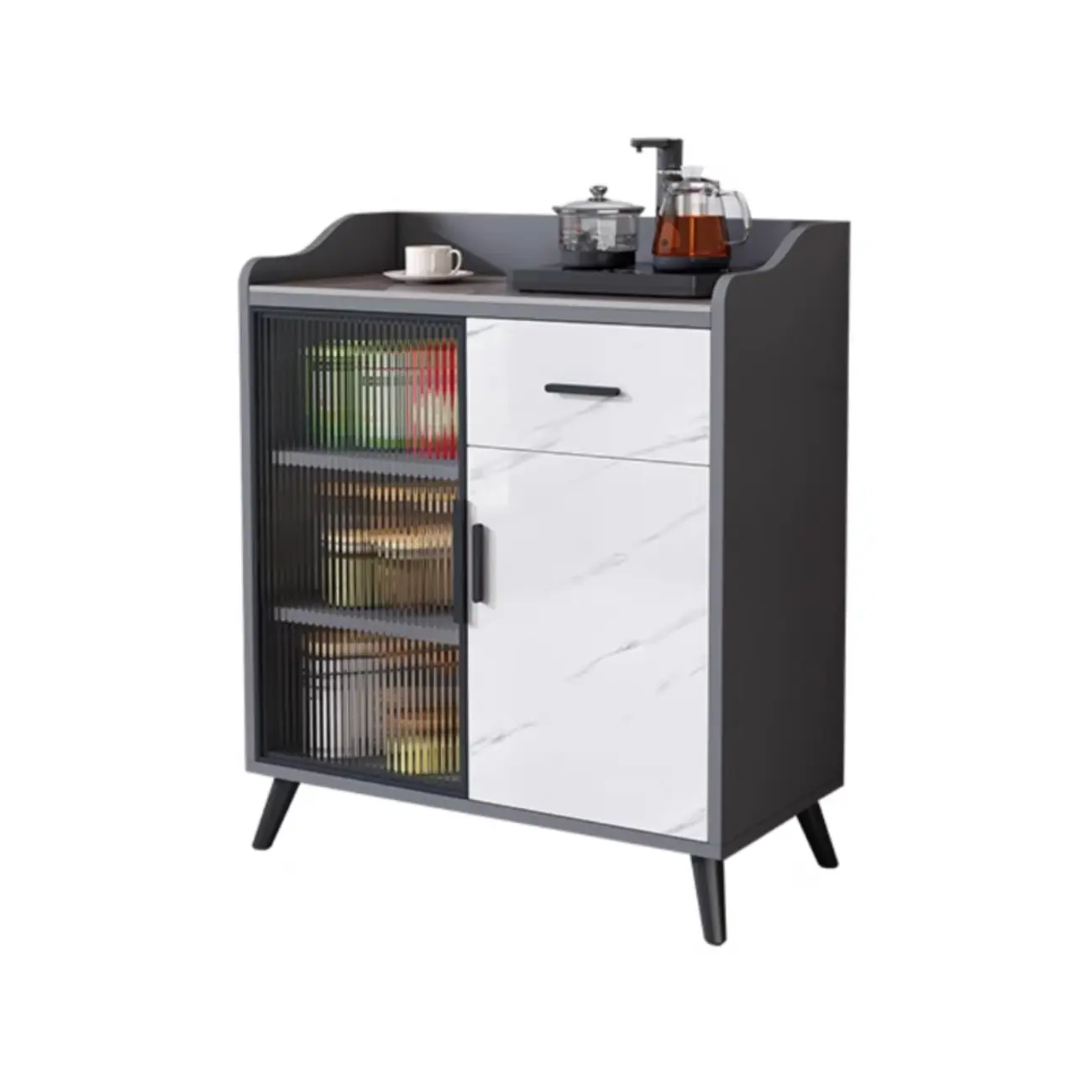 Modish Multi-Compartment Stone-Top Wood Buffet Cabinet