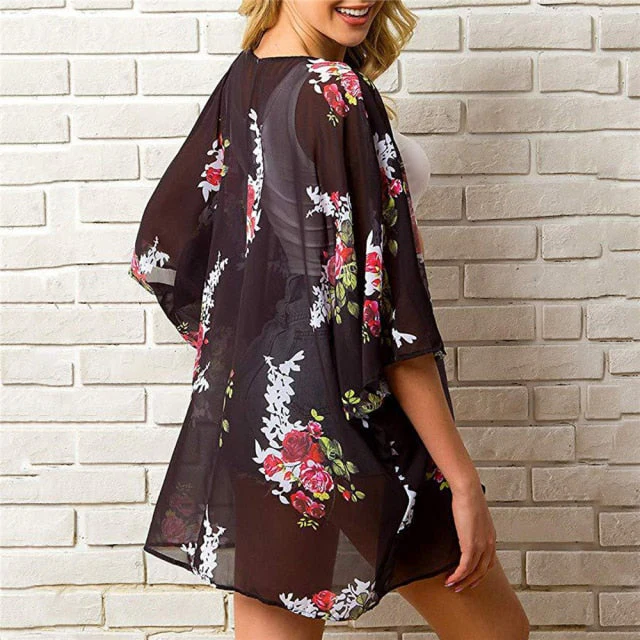 Casual Leaves Print Chiffon Kaftan Beach Cover Up Cardigan Shawl Swimwear Women Summer Swimsuit Pareos Cape Saida De Praia - Deanwangkt