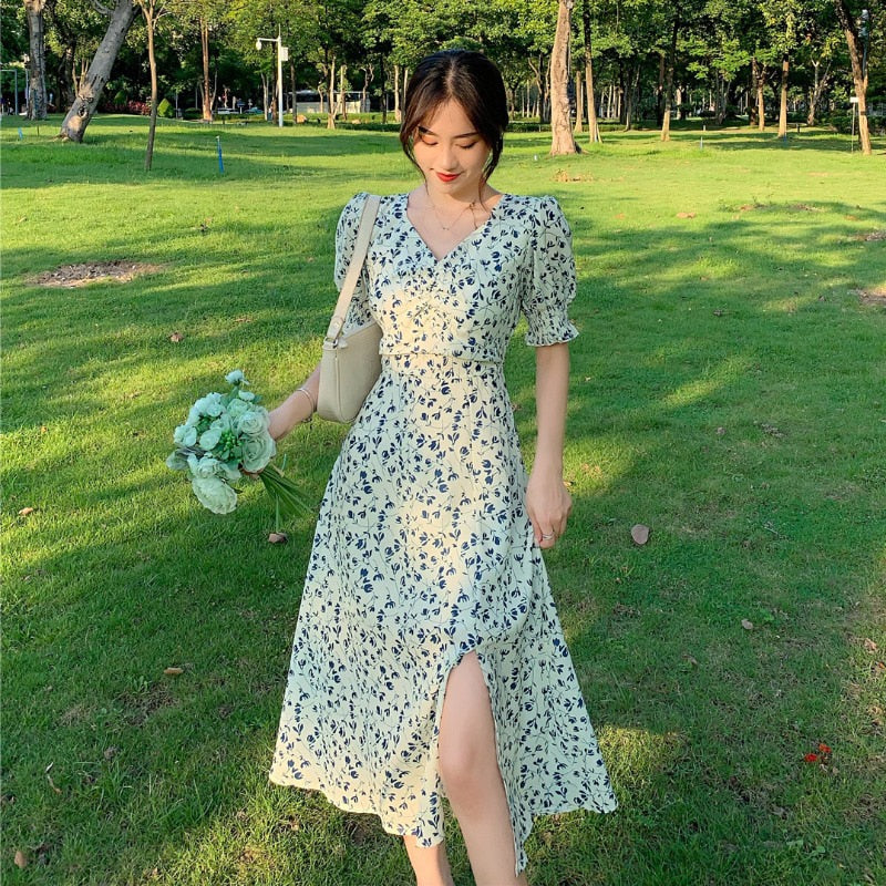 Hulianfu Harajuku Floral Dress for Women Party French Vintage Retro Office Lady Casual Club Mini Sexy Dresses Summer New Clothes - Deanwangkt