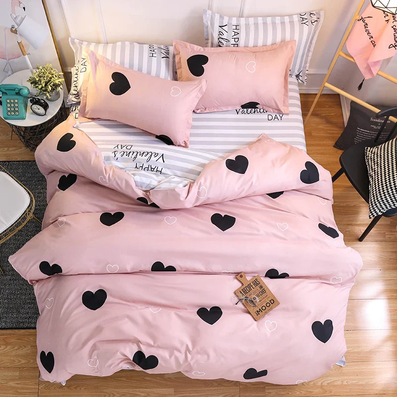 HULIANFU Nordic Style Pink Heart Bedding Set Cover Cute Bed Linens Duvet Cover Sheets and Pillowcases Queen King Size Home Textile Sets - Deanwangkt