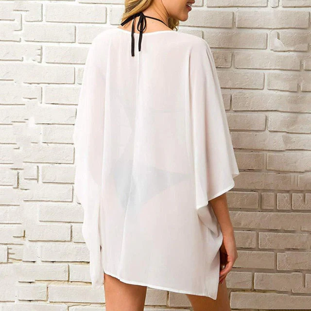 Casual Leaves Print Chiffon Kaftan Beach Cover Up Cardigan Shawl Swimwear Women Summer Swimsuit Pareos Cape Saida De Praia - Deanwangkt