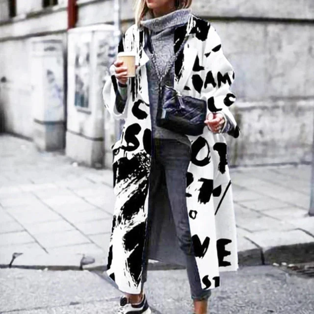 Hulianfu Fashion Casual Long Sleeve Winter Women Warm Jackets Vintage Printed Tweed Long Cardigan New Lady Elegant Lapel Pocket Outerwear - Deanwangkt