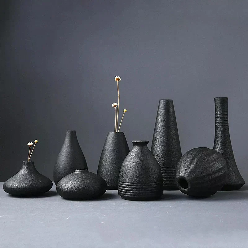HULIANFU New Black Ceramic Small Vase Home Decoration Crafts Tabletop Ornament Simplicity Japanese-style Decoration - Deanwangkt