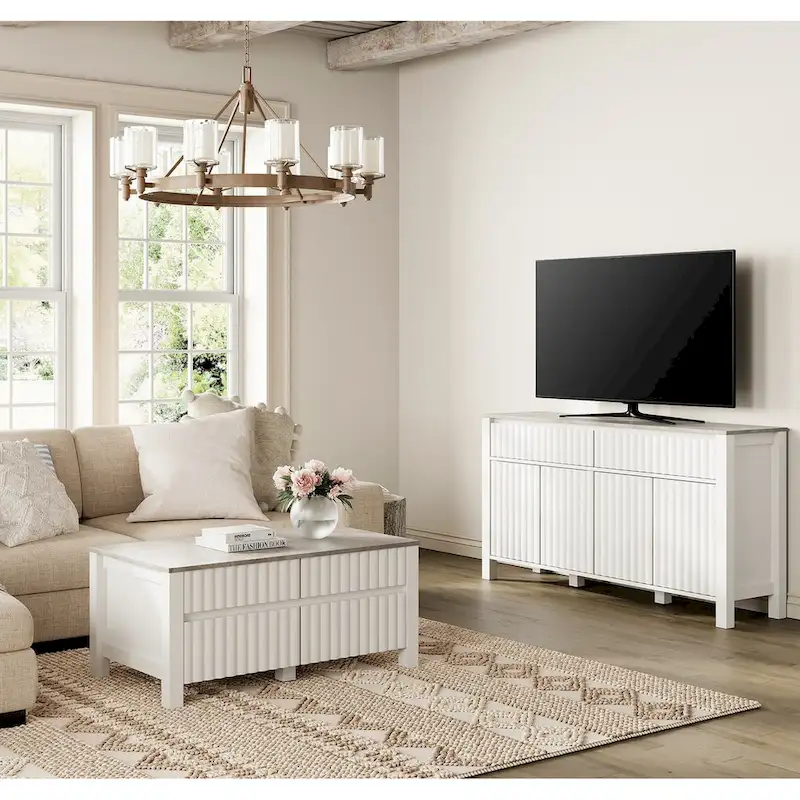WAMPAT White Modern Sideboard TV Stand and Coffee Table, Set of 2