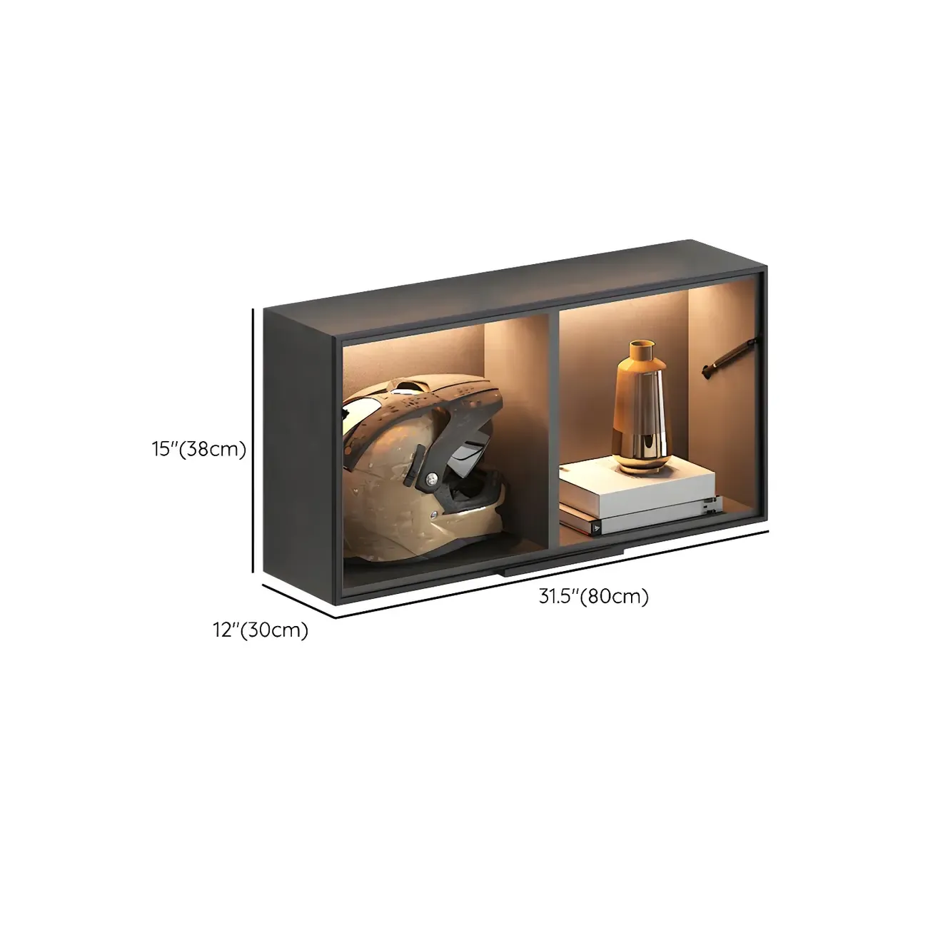 Black Wall Mount Wood 2-Cube Display Cabinet with Light