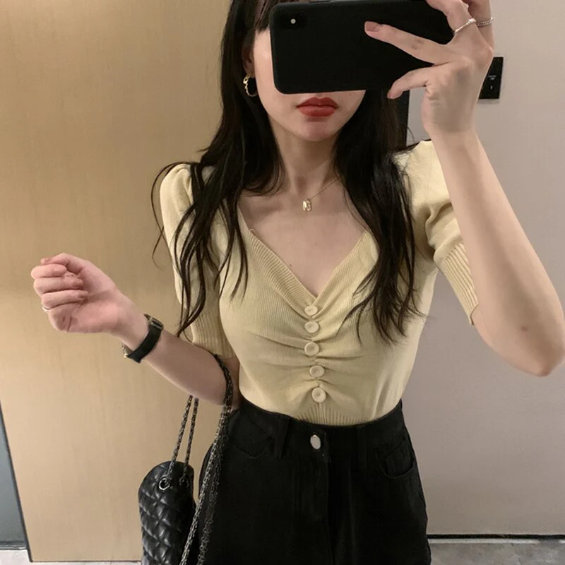 Hulianfu Vintage Puff Short Sleeve V-neck Knitted T-shirts With Decorated Buttons Girls Solid Stretchy Crop Tops Thin Knitwear For Women - Deanwangkt