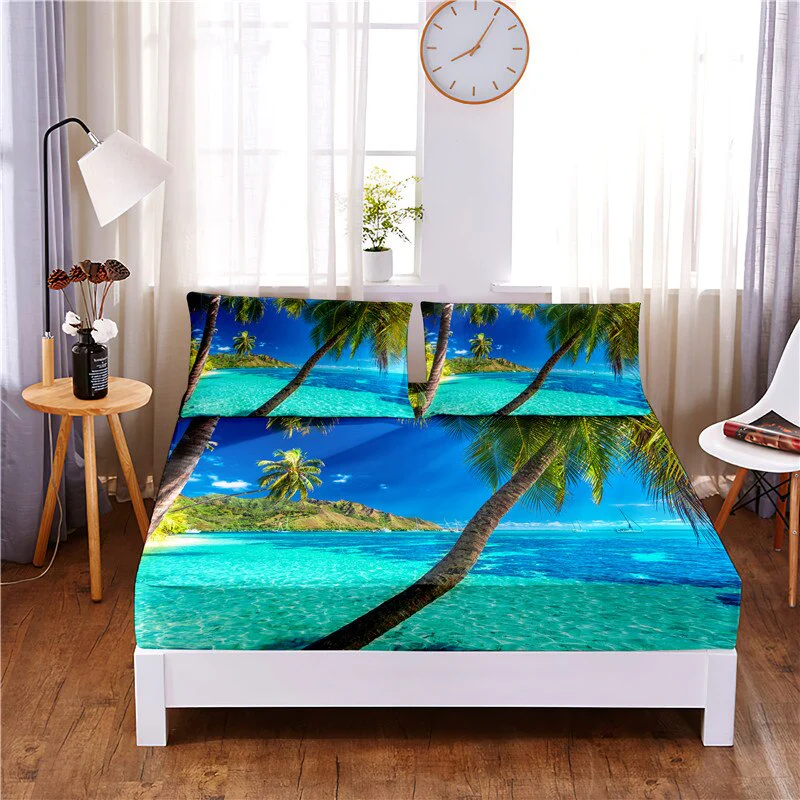 HULIANFU Sunset Beach Digital Printed 3pc Polyester  Fitted Sheet Mattress Cover Four Corners with Elastic Band Bed Sheet Pillowcases - Deanwangkt
