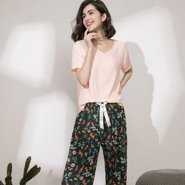 Breathable 2PCS Pajama Short Sleeve Printed Pijama Mujer Femme Loose Nightwear Suit Female Casual Homewear Pajama Set For Women - Deanwangkt