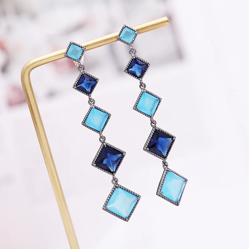 2025 new Korean earrings Internet celebrity water blue earclips women's versatile personality rhombus earrings silver needle earrings - Deanwangkt