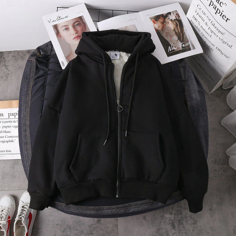 hulianfu Jacket women solid color hoodies autumn winter imitation lamb wool korean loose plus velvet thick zipper sweatshirt tops - Deanwangkt