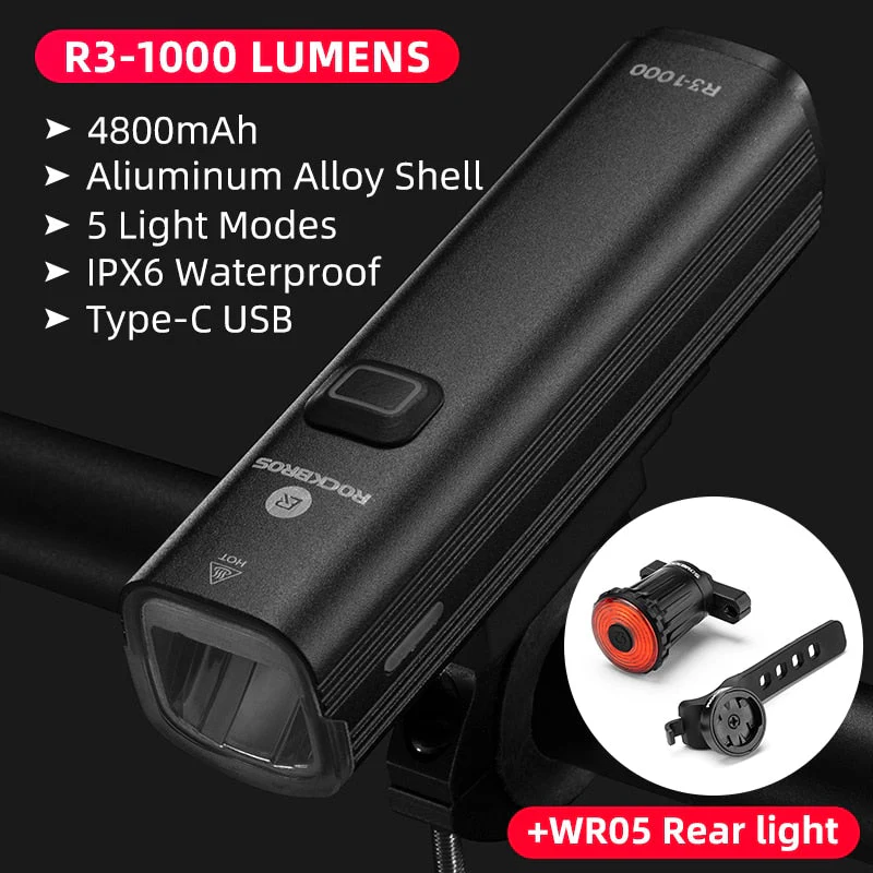 HULIANFU ROCKBROS 1000LM Bike Light Front Lamp USB Rechargeable LED 4800mAh Bicycle Light Waterproof Headlight Bike Accessories - Deanwangkt
