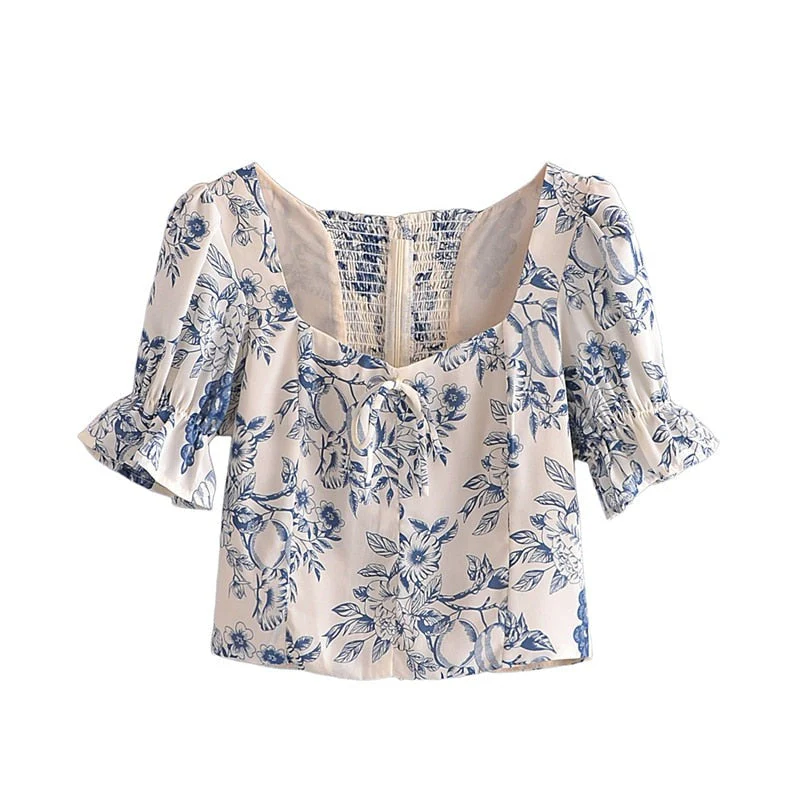 Hulianfu French Vintage Square Collar Puff Sleeve Folds Lace-Up Shirt Zipper Female Floral Print Summer New Fashion Crop Tops Women - Deanwangkt
