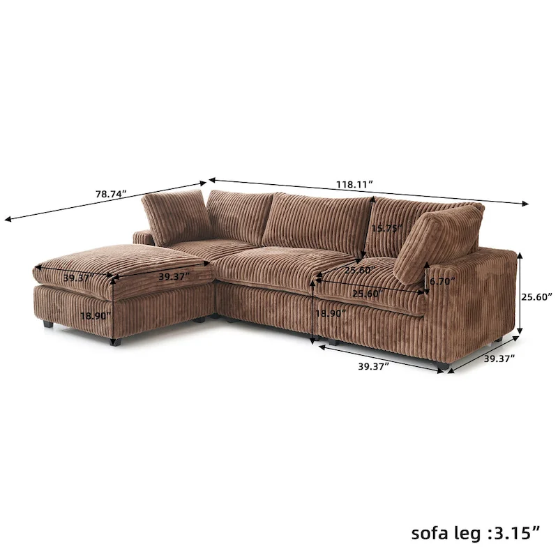 L-shaped Polyester Fabric Couch Modern Sectional Sofa with Ottoman