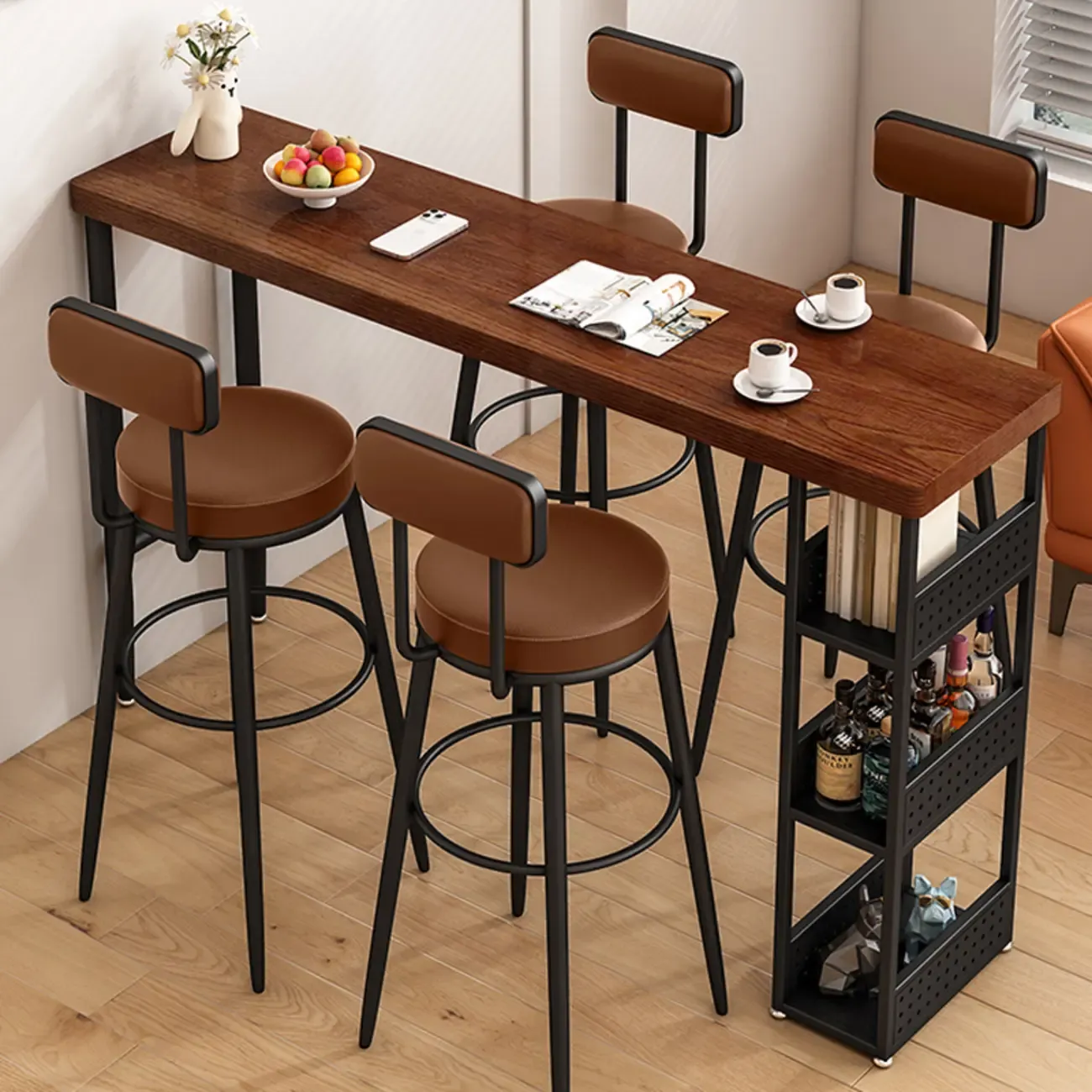 Rectangular Brown Wooden Metal Storage Bar Table