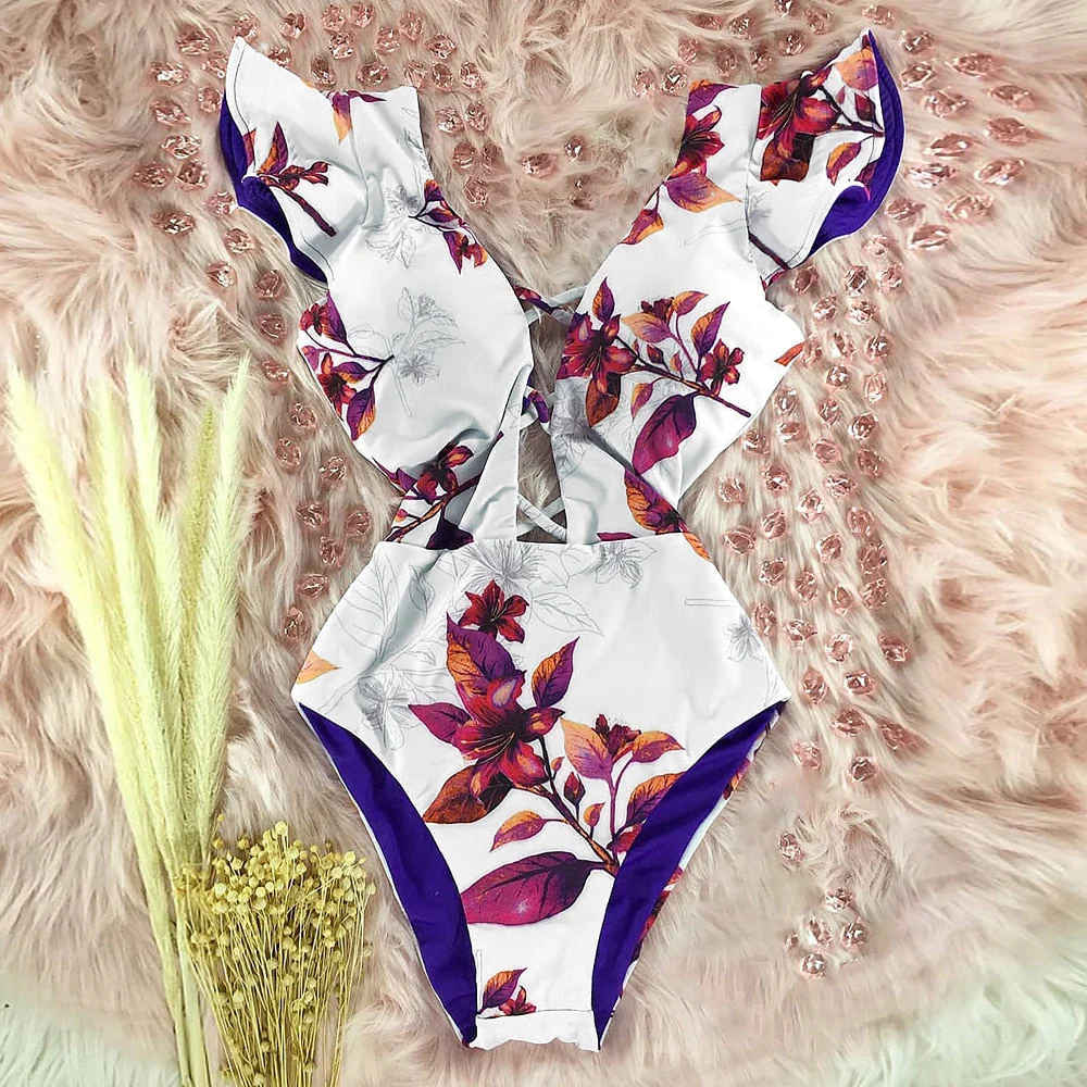 New Sexy Ruffle Print Floral One Piece Swimsuit Off The Shoulder Swimwear Women Solid Deep-V Beachwear Bathing Suit Monkini - Deanwangkt