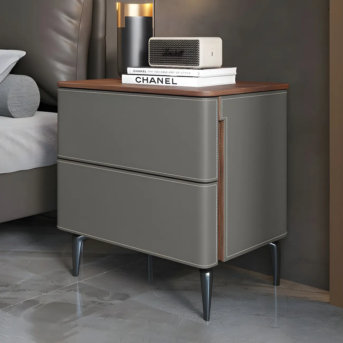 Modern Faux Leather Wood Top Drawers Nightstand