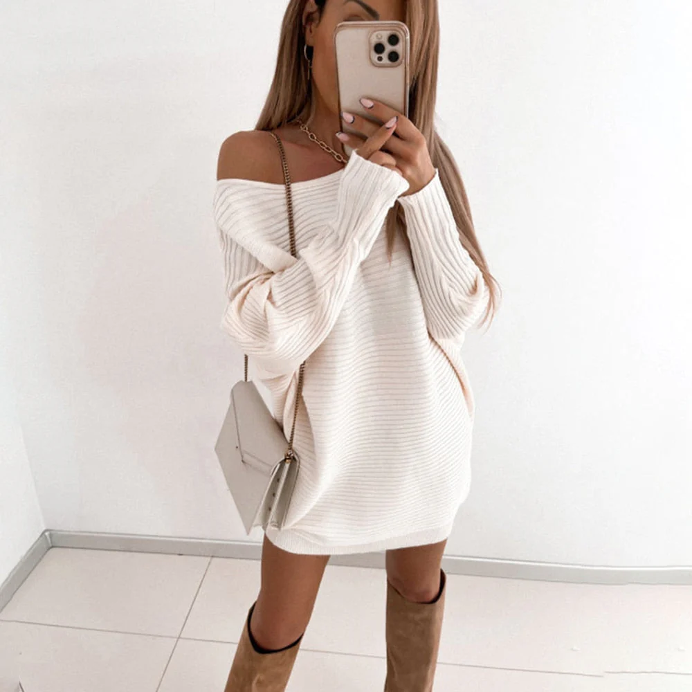 Hulianfu Sexy Off Shoulder Long Sleeve Sweater Dress Women 2022 Spring Loose Casual White Knitted Long Top Woman Mini Dresses Pull Femme - Deanwangkt