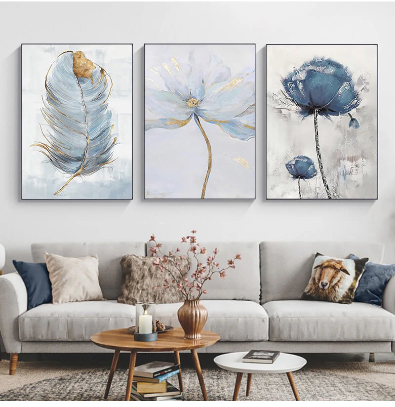 HULIANFU Scandinavian Flower Canvas Art Abstract Painting Print Feather Decoration Picture for Living Room Nordic Home Decor Wall Poster - Deanwangkt