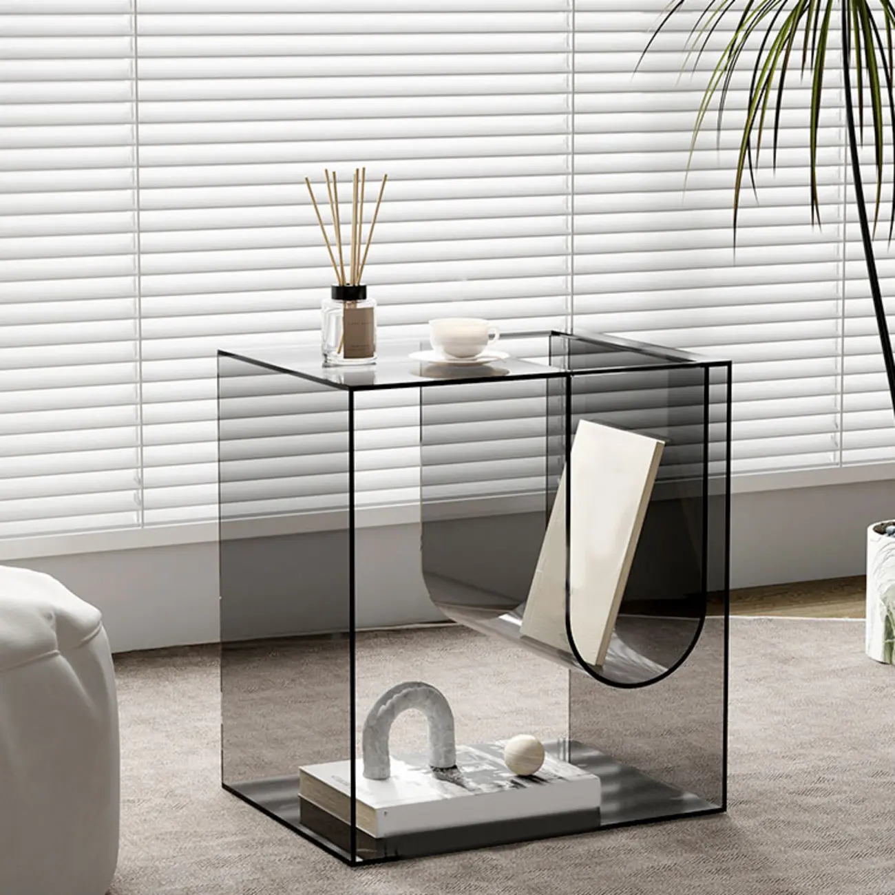 Stylish Gray Acrylic Side Table with Magazine Rack