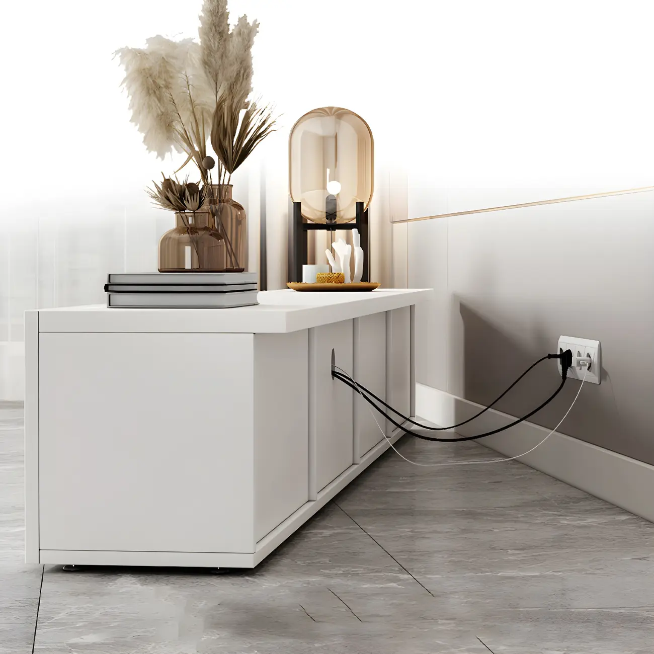 63 White Wooden Cable Management TV Stand with Drawers