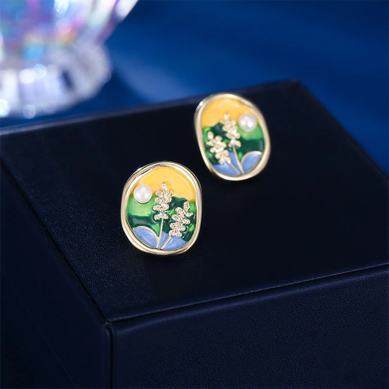 2025 popular spring and summer design impression oil painting s925 silver needle stud earrings court style temperament freshwater pearl wheat ear earrings - Deanwangkt