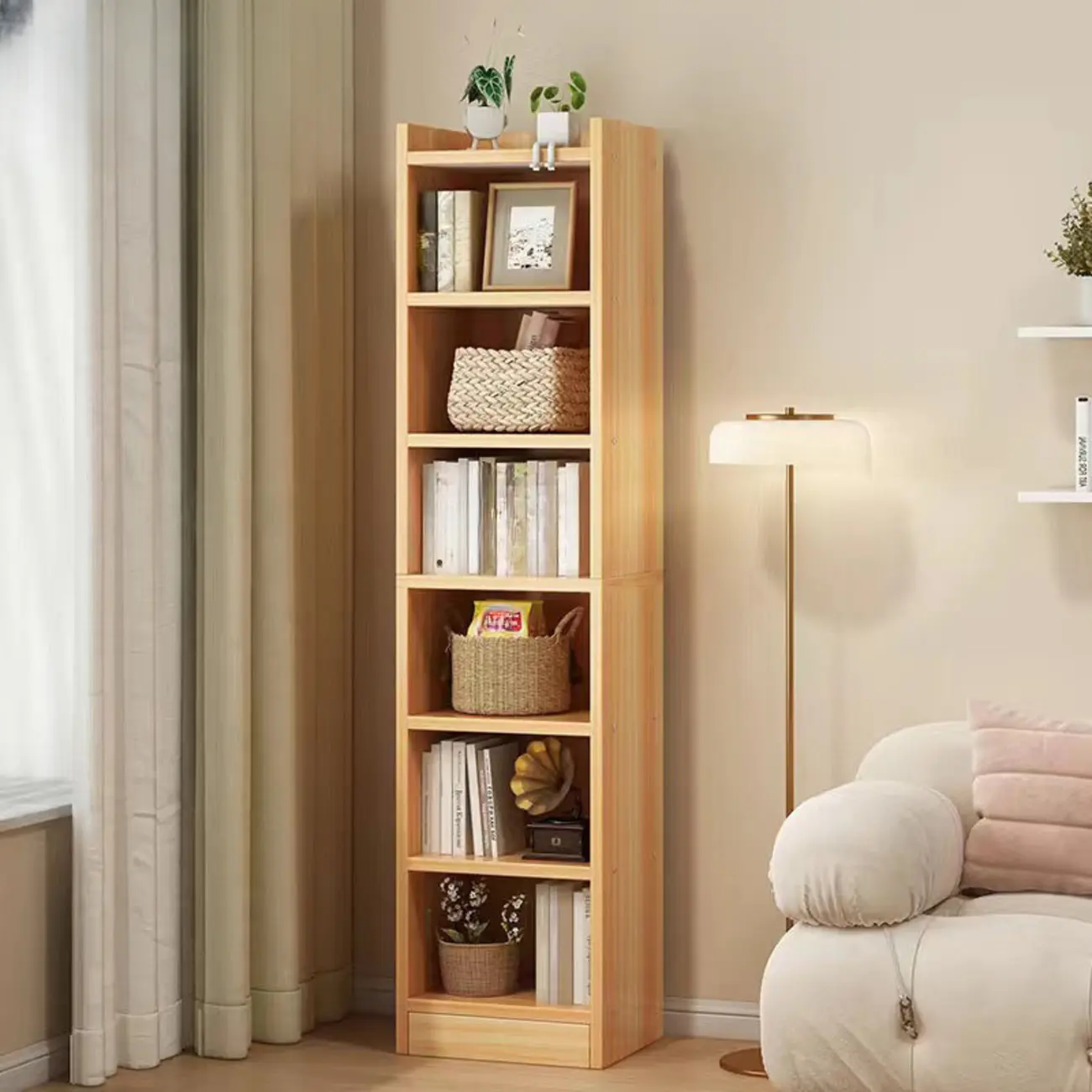 Scandinavian Oak Rectangle 5-Shelf Wood Bookcase